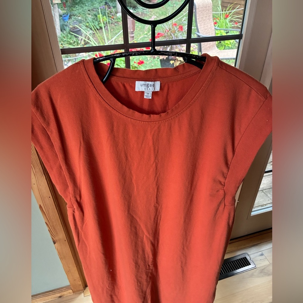 Umgee USA Womens Burnt Orange Padded Shoulder Sleeveless Midi T-Shirt Dress S